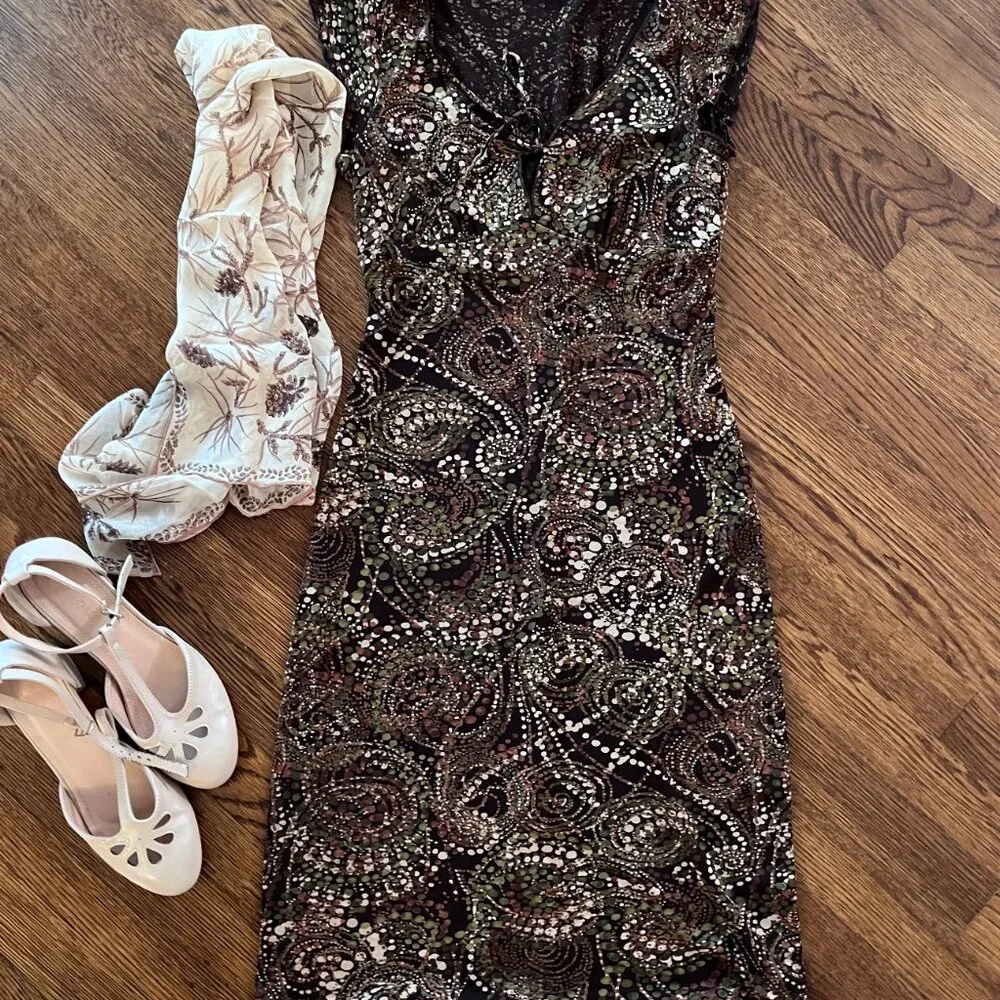 Cute Vintage (90s) Empire-Waist Short-Sleeve Brown Paysley-ish Dress - 8-10-S/M - Picture 7 of 7